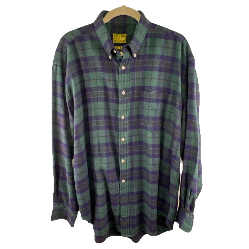 Evergreen Large Blue Green Plaid Flannel Shirt Mens Long Sleeve 100% Cotton